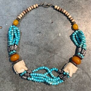 Iris-Apfel-esque Turquoise and Yellow Beaded Elephant Statement Necklace